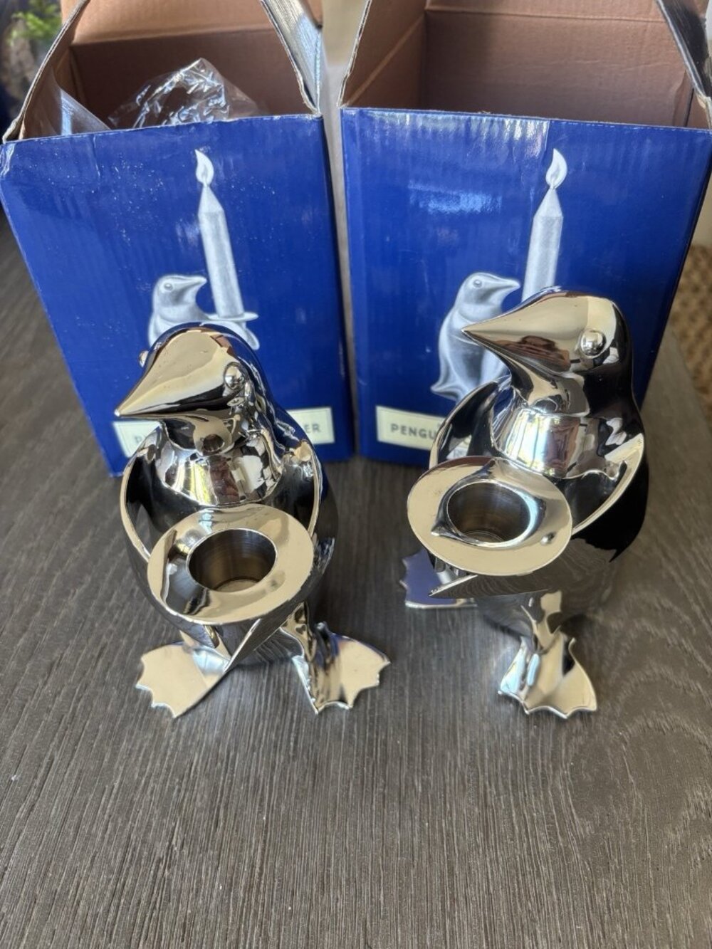 RESTORATION HARDWARE Silver Plate Penguins Candle Bearer Holder Brass Set Of 2